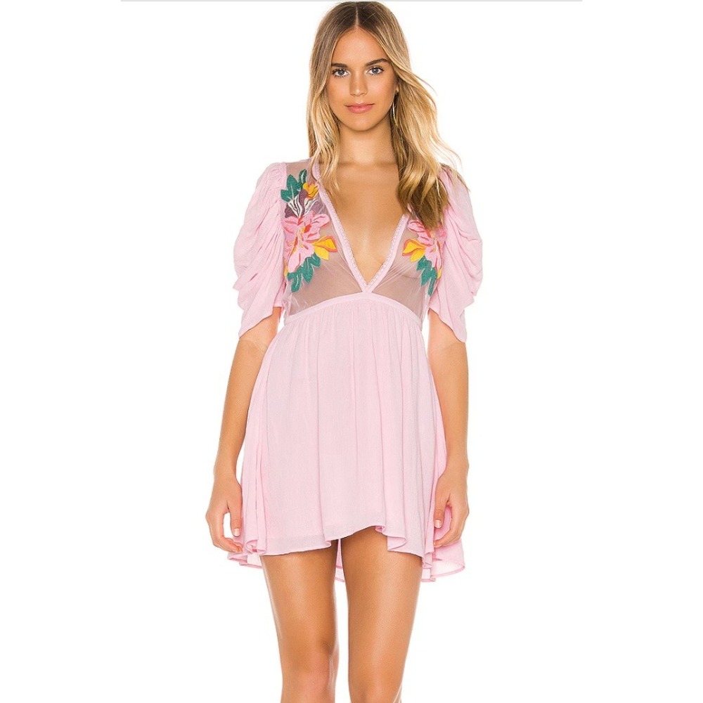 Cleobella Mini Dress Womens Medium Pink Floral Embroidered Sheer Mesh V-Neck